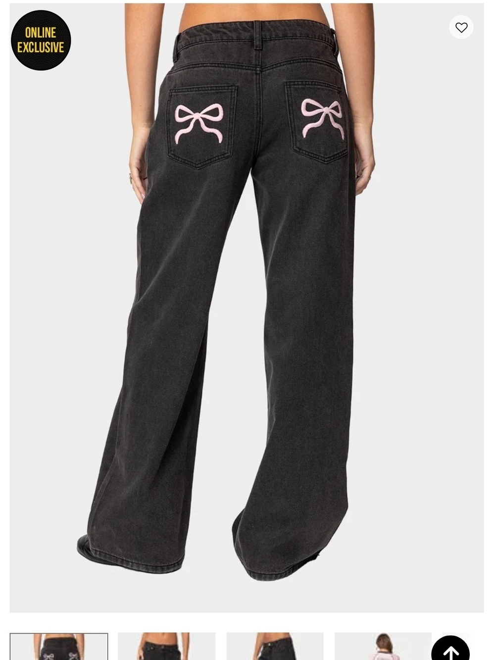 Edikted Black Wide-Leg Jeans with Pink Bow Pocket Embroidery